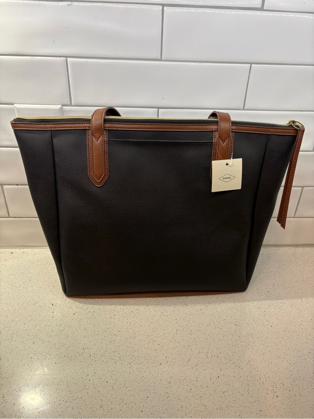 Fossil Black Tote with Brown Leather Trim - Picture 2 of 4